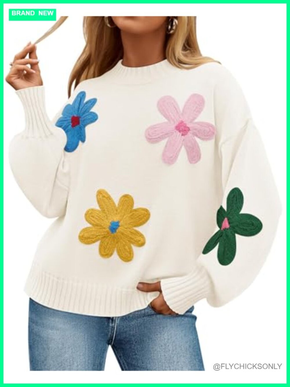 Womens Floral Knit Pullover Sweater Crew Neck Lantern Sleeve Fall Winter